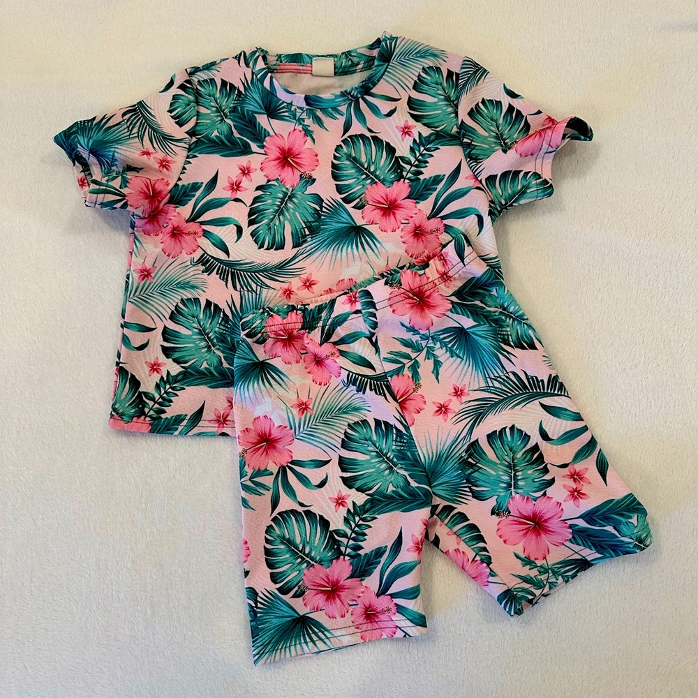 Tropical Floral Kids Two Piece Matching Set Shorts and TShirt Girls